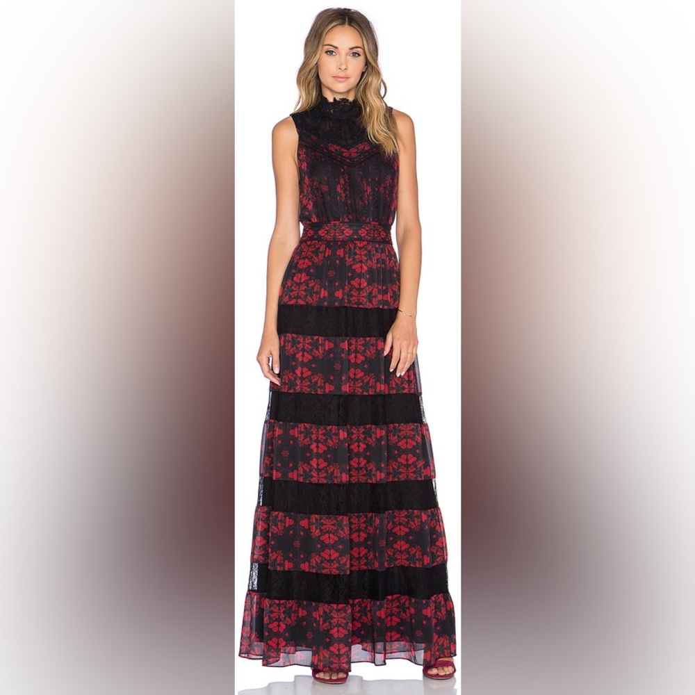 alice + olivia Red & Black Patterned Maxi Dress Gown SZ 8